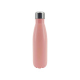 A drink bottle in a matte pink finish with a stainless steel cap and an integrated logo.