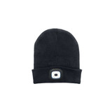 A black beanie featuring a built-in headlamp, showcasing a sleek design and a logo on the front.