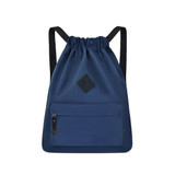 A lightweight drawstring backpack in navy blue with a front zippered pocket and a logo.
