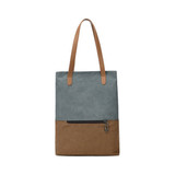 A convertible canvas backpack to tote bag in grey and brown, featuring two leather straps and a zippered pocket.