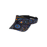 A full sublimation visor featuring a vibrant pattern in blue, orange, and black with a logo on the band.