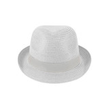 A light grey straw hat with a smooth band, featuring a round top and a wide brim. It has a logo on the side.