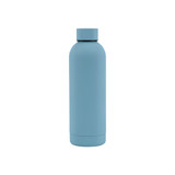 A drink bottle in a soft blue finish, featuring a rubber coating and a double wall design. It has a small logo.