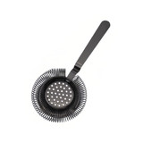 A round cocktail strainer in black, featuring a spiral design and a long handle. It has a circular shape with holes.