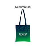 A green and blue gradient tote bag with sturdy straps and a logo printed on the front.