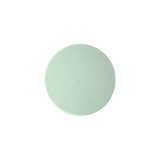 A round mirror with a pale green surface, featuring a smooth edge and a reflective back. It has branding on the back.