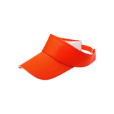 An orange sandwich sun visor with a wide brim and an adjustable strap at the back. Features a logo on the side.