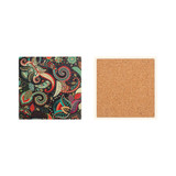 A square ceramic coaster with a vibrant, multi-coloured floral design on one side and a plain cork surface on the other.