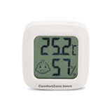 A white mini digital thermometer displaying temperature and humidity levels on a clear screen, featuring a baby face icon.