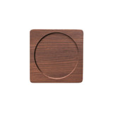 A square wooden coaster with a circular center, showcasing a rich dark brown colour and smooth finish.