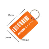 An orange custom plastic key tag with a keyring and a barcode design. Dimensions are 60mm by 30mm.