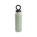 A drink bottle in light green with a black lid and ring for easy carrying. Features a logo on the side.