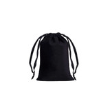 A black silk velvet drawstring bag with two pull strings at the top. It features a smooth, luxurious texture.