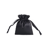 A black silk satin drawstring bag with tied ribbons at the top and a smooth, shiny finish.