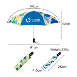 A light mini auto umbrella featuring a blue canopy with colourful patterns, packed in a matching case. Dimensions included.