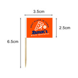 A pack of 100 small orange and white flag labels on wooden sticks, featuring a logo and dimensions indicated.
