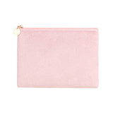A durable flat makeup bag in a soft pink shade with a gold zip and a small charm.