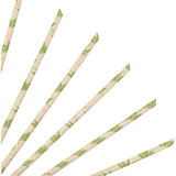 A set of straight angled paper straws in cream with green leaf patterns, featuring a logo.