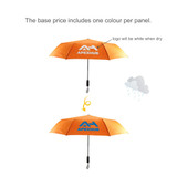 A 23'' orange colour changing umbrella featuring a logo, with a design that shifts when wet.