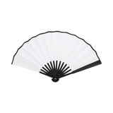 A bamboo hand fan with a black frame and white fabric, featuring multiple pleats and a central pivot.