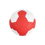 A hand-stitched handball featuring red and white panels with a logo.