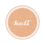 A round, natural cork coaster with a light design and a logo in the centre.