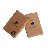 Two sets of Kraft paper playing cards in brown packaging, featuring logos on the boxes.