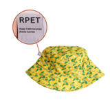 A yellow RPET bucket hat with a floral pattern and a label indicating it's made from recycled plastic bottles.