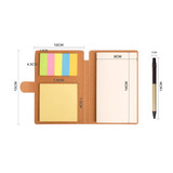 A 3-in-1 notepad in brown with sticky notes and a ballpoint pen, featuring sections for writing and note-taking.