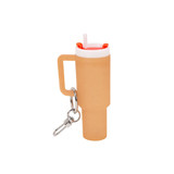 A drink bottle keyring in orange and white, featuring a handle, straw, and a silver clip for attachment.