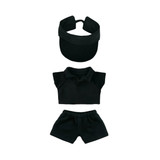 A black plush doll racing suit set featuring a visor, short-sleeved polo, and shorts, suitable for 15–17cm dolls.