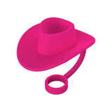 A drink bottle accessory featuring a bright pink silicone cowboy hat straw cover with a loop attachment.