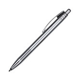 A stainless steel pen with a shiny silver finish and a black clip, featuring a logo.