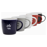 A set of ceramic mugs in navy, grey, white, and red, featuring a logo on each.