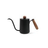 A stainless steel pour-over kettle with a wooden handle and a sleek black finish, featuring a curved spout and a lid.