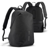 A black backpack with a sleek design, featuring padded straps and a textured back panel, has a logo. A black backpack with a sleek design, featuring padded straps and a textured back panel, has a logo.