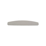 A sponge half moon shape nail file in grey with a smooth finish. It features a branding logo.