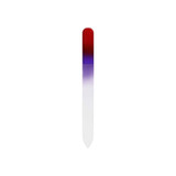 A gradient coloured glass nail file featuring a red to purple fade, with a clear tip and a logo on the handle.
