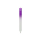 A crystal glass nail file with a purple gradient and a smooth, pointed end. It features a branding logo.