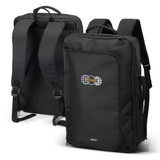 A black convertible travel backpack with adjustable straps and a logo. Designed for versatility and practicality.