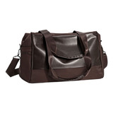 A brown duffle bag with handles and a shoulder strap, featuring a logo and a sleek design.