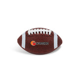 A mini promotional American football in brown with white laces and a logo.