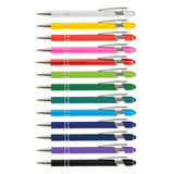 A set of stylus pens in various colours, including white, red, pink, green, blue, and black, featuring silver accents.