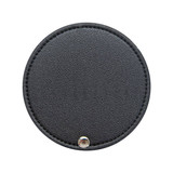 A round black makeup mirror with a stitched edge and a metal snap closure. It features a logo on the surface.