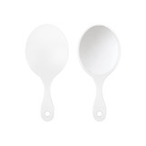 A handheld makeup mirror with a sleek white design, featuring a smooth, oval shape and a comfortable handle.