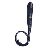 A blue dog leash, 19mm wide, featuring a logo along its length.