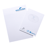 A notepad featuring lined pages, with a logo on the top and a smaller pad beside it, on a wooden surface.