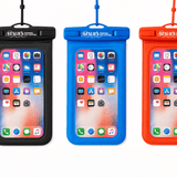Three waterproof phone pouches in black, blue, and red, displaying a smartphone screen inside each pouch. Each pouch has a logo.