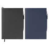 Mela Apple leather refillable journals in black and navy blue, featuring a sleek design and a logo on the cover.