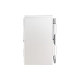 A white aluminium pocket notebook with a silver pen attached, featuring a simple design and a branding logo.